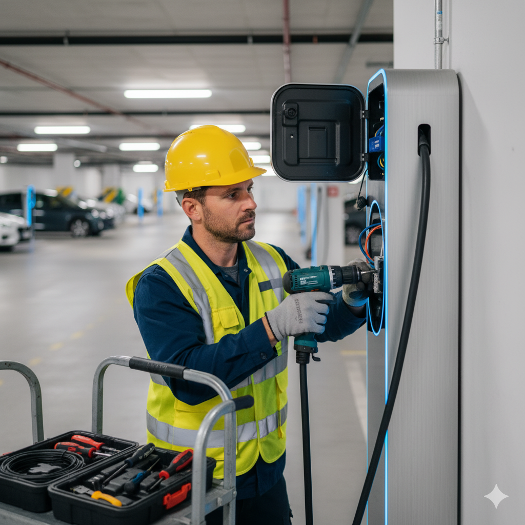 Technician installing an EV charger