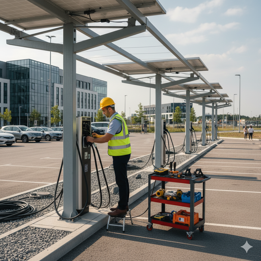 Technician performing maintenance on a public charger