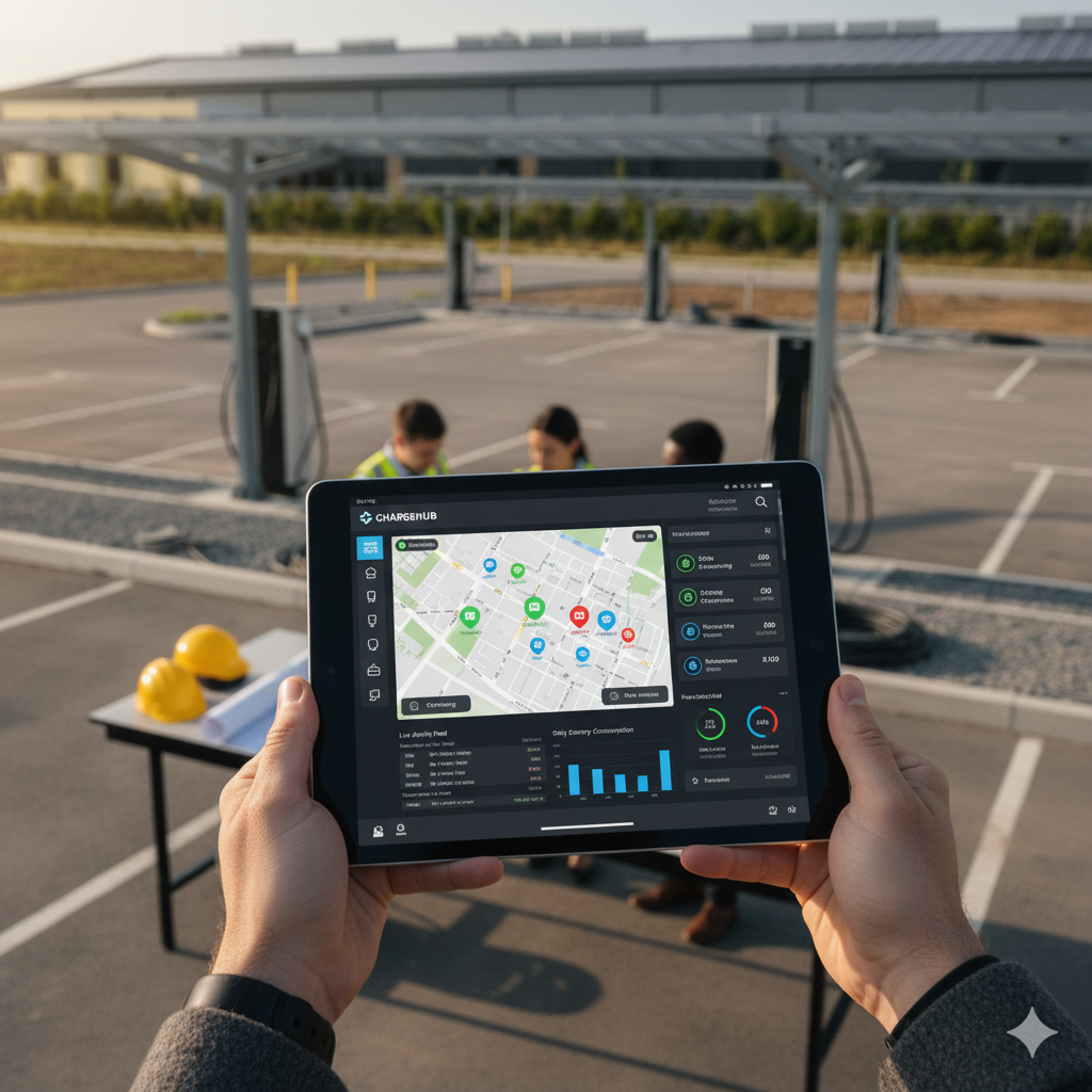 Dashboard of EV charging management software on a tablet